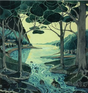 Tolkien's illustration of Bilbo riding a barrel toward Lake Town